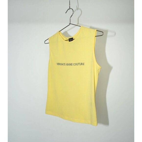 Versace Jeans Couture Rhinestone Spell Out Tank Top Yellow M Women's - Picture 1 of 6